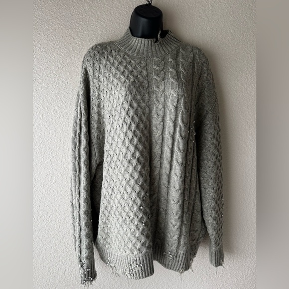 ZARA High Neck Ripped Cable Knit Sweater With Studs Size M - Picture 6 of 16